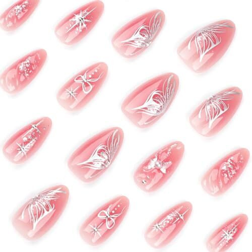 Nakhi 24 Reusable Artificial Fake Nail Set |Base Pink Peach Colour With Bow Design Glossy Nails | Lightweight & Long Lasting| Quick Fix For Festivals & Special Occasions