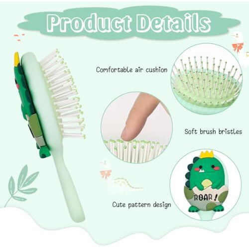 Palay Toddler Hair Brush Girls Paddle Hair Brush 3.1 Inches Kids Hair Brush Small Hair Brush Scalp Massager Hair Brush Cartoon Dinosaur Hair Brush