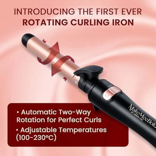 Urban Yog Makemeebold Rotating Hair Curling Iron,14 Temperature Settings (100C - 230C),25 Mm Ceramic Barrel,Two-Way Rotation,Auto Shut-Off,Dual Voltage,360 Swivel Cord,Travel-Friendly,Rose Gold