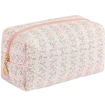 Maycreate Makeup Organizer Bag, Floral Prints Cosmetic Makeup Pouch Bag, Large Capacity Travel Toiletry Pouch For Women, Portable Soft Zipper Cloth Storage Bag - Pink, 20.5X9X9.5Cm
