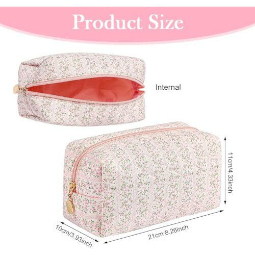 Maycreate Makeup Organizer Bag, Floral Prints Cosmetic Makeup Pouch Bag, Large Capacity Travel Toiletry Pouch For Women, Portable Soft Zipper Cloth Storage Bag - Pink, 20.5X9X9.5Cm