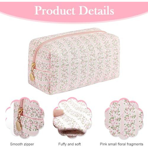 Maycreate Makeup Organizer Bag, Floral Prints Cosmetic Makeup Pouch Bag, Large Capacity Travel Toiletry Pouch For Women, Portable Soft Zipper Cloth Storage Bag - Pink, 20.5X9X9.5Cm