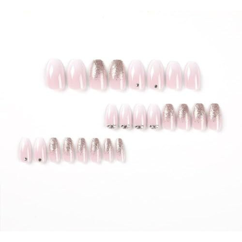 Gloss & Go 24 Reusable Artificial Fake Nail Set| Light Dark Pink Color And Silver Glitter With Diamond Design| Lightweight & Long Lasting| Easy To Use| Quick Fix For Festivals & Special Occasions
