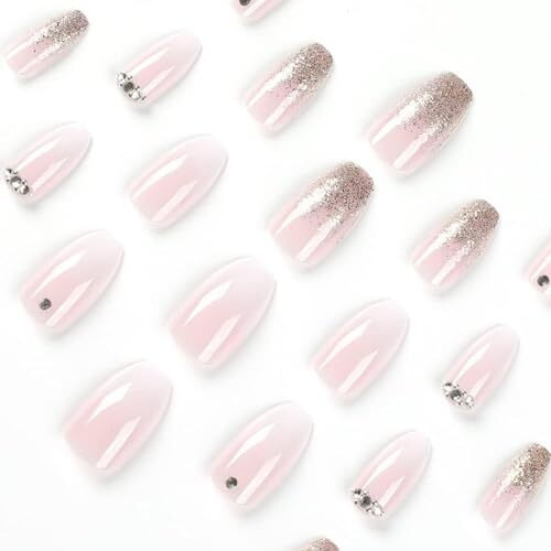 Gloss & Go 24 Reusable Artificial Fake Nail Set| Light Dark Pink Color And Silver Glitter With Diamond Design| Lightweight & Long Lasting| Easy To Use| Quick Fix For Festivals & Special Occasions