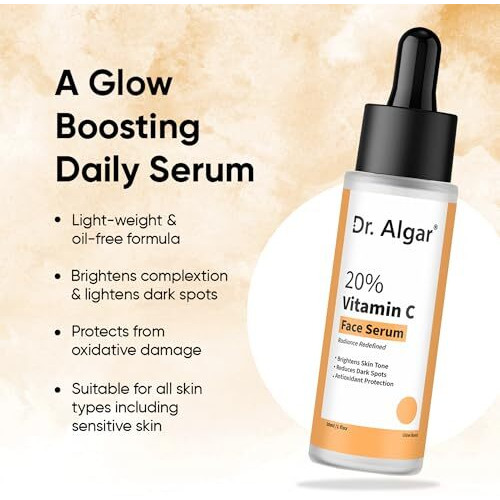 Dr. Algar 20% Vitamin C Face Serum For Skin Radiance Brightens & Evens Skin Fights Pigmentation