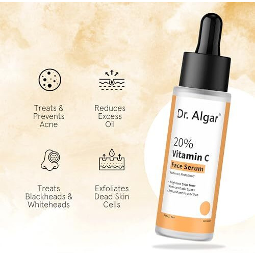 Dr. Algar 20% Vitamin C Face Serum For Skin Radiance Brightens & Evens Skin Fights Pigmentation