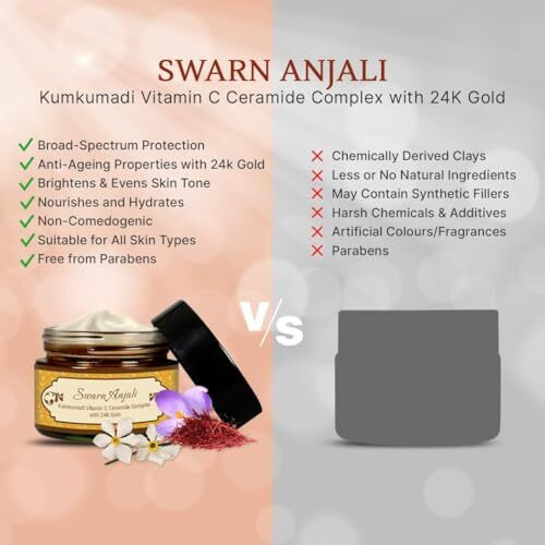 Herbs & Greens Kumkumadi Vitamin C Ceramide Complex With 24K Gold | Anti Aging Skin Brightening Moisturizer For Glow | Natural Face Cream For Woman & Men | Barrier Repair & Radiance Booster | All Skin Types | Day & Night | 50 Gm