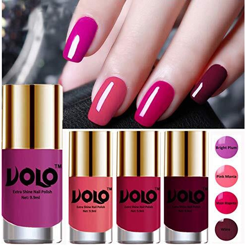 Volo Hd Colors High-Shine Long Lasting Non Toxic Professional Nail Polish Set Of 4 (Bright Plum, Pink Mania, Moon Magenta & Wine) Glossy Finish, 39.6Ml