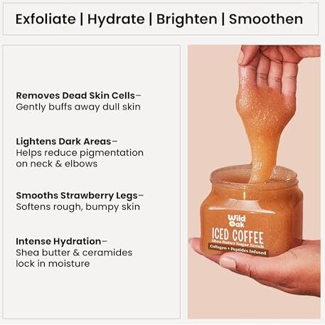 Wildoak Iced Coffee Shea Butter Sugar Scrub | 300Gm | With Collagen & Peptides | Tan Removal | Lightens Dark Area Like Neck & Elbows | Smoothen Bumpy Legs & Hands | Ultra Hydrating & Exfoliating Scrub