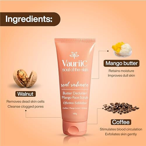 Vauriic Coffee & Walnut De Tan Face Scrub 100 Gm | For Exfoliation | Reduces Dead Skin, Blackhead & Whitehead | Give Glowing Skin & Controls Excess Oil | With Coffee, Walnut & Mango Butter | 100% Vegan | Paraben & Sulphate Free | For Men & Women | All Skin Types
