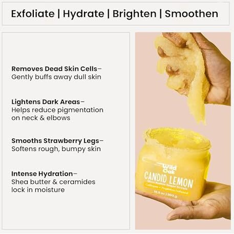 Wildoak Candid Lemon Shea Butter Sugar Body Scrub | 300Gm | With Collagen & Peptides | Tan Removal | Lightens Dark Area Like Neck & Elbows | Smoothen Bumpy Legs & Hands | Hydrating & Exfoliating Scrub