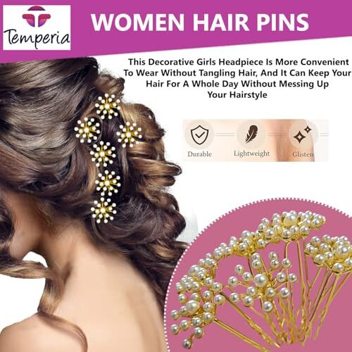 Temperia (6Pcs) Pearl U Pins Hair Accessories For Women & Girls - Decoration Pearls Beads Hair Clip For Bride Hairstyle - For Wedding/Parties (Mn02)