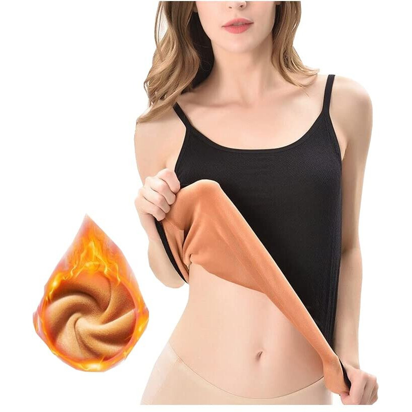 Hsr Women's Thermal Underwear Tops Thicken Plus Velvet Camisole Apricot Sexy Stretchy Slim-Fit Body Shaper Vest Shirt (Free Size) (Bust Size  66 To 90 Cm) (Black) Stretchable