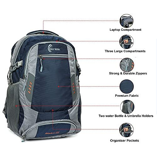 Half Moon Extra Large Size 55L Waterproof Rucksack Bags For Men/Trekking Bags For Men, Polyester Navy | With Laptop Compartment & Rain Cover | For Trekking, Hiking, Travel Backpack For Men & Women