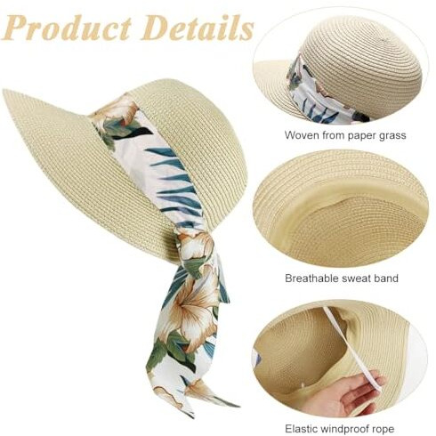 Palay Womens Hat,Straw Hat For Women Summer,Wide Brim Sun Hats For Women With Print Ribbon Fashion Beach Hats Ladies Beige Uv Protection Cap - Lightweight & Breathable