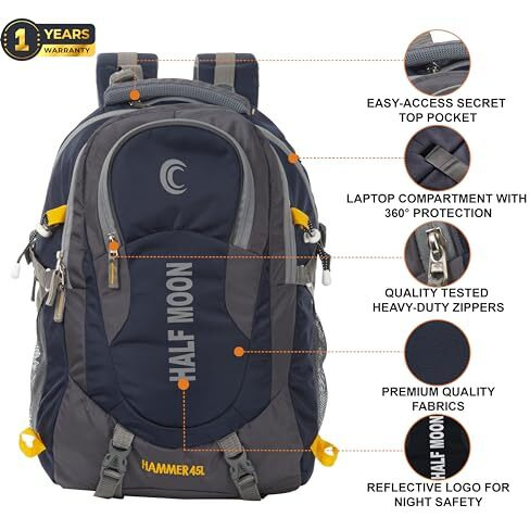 Half Moon 45L Hammer Waterproof Laptop Travelling Rucksack Trekking Backpack For Travel Journey Bags For Men Women Boys & Girls With 17.3Inch Laptop Compartment & Rain Cover (Navy Blue)