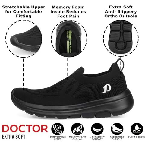 Doctor Extra Soft Men's Sports Shoes With Memory Foam Cushioned Insole|Running Walking Gym Training Jogging |Comfortable & Casual & Lightweight|Slipon Sneaker Gent's Boy's Art-2008,Black,8 Uk