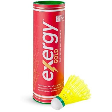 Exergy Gold Nylon Shuttlecock With Premium Natural Cork & Super Strong Nylon Skirt - Aerodynamic Design For Stable Flight | Extreme Durability | Near Feather Shuttle Performance (Pack Of 6 - Yellow)
