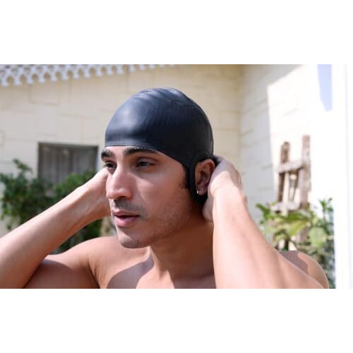 Rovars Unisex Easy Pull Anti-Slip Swimming Cap For Men & Women - Black