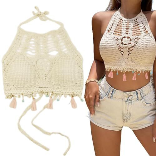 Palay Women's Summer Beach Backless Crochet Halter Bikini Crop Top Crochet Hollow Out Tassle Embroidery Knit Boho Beachwear