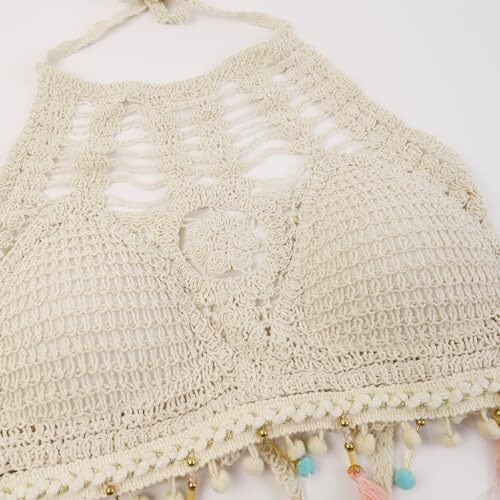 Palay Women's Summer Beach Backless Crochet Halter Bikini Crop Top Crochet Hollow Out Tassle Embroidery Knit Boho Beachwear
