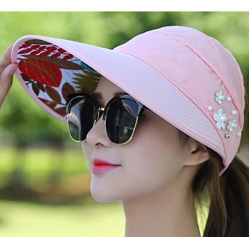 Alexvyan Polyester Sun Visor Hats For Women Uv Protection Wide Brim Summer Cap For Girls Hat Uv Protection Breathable Casual Beach Hat, Sun Protection Cap For Women (Pink), Large
