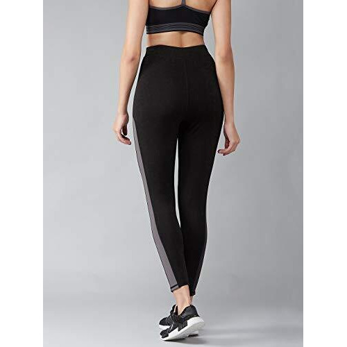 Blinkin Stretchable Gym Tights & Leggings For Women Workout, High Waist, Tummy Control & Squat Proof Active Wear Yoga Pants (9150_Color_Black With Grey Stripes,Size_L)