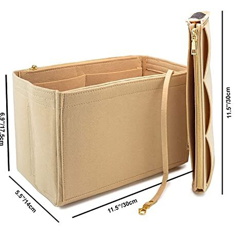 Handcuffs Women Purse Organizer Insert With Zipper Pocket | Felt | Tote Bag | Organiser | Handbags | Divider | Packing Cube | Travel | Makeup | Cosmetic | Storage - Beige