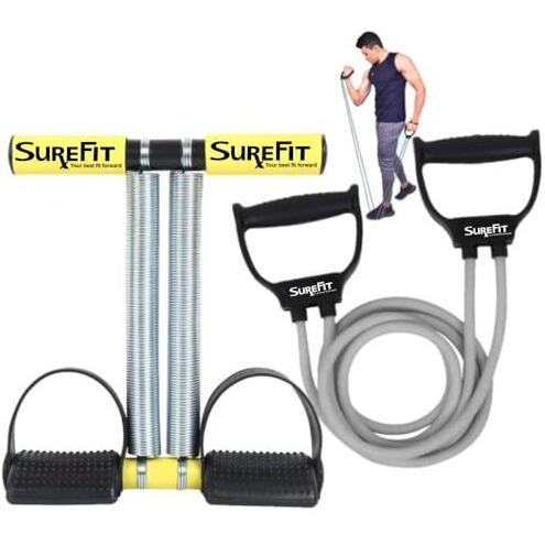 Surefit Tummy Trimmer Double Spring With Resistance Band Combo Pack For Men & Women - Ab Exercise Equipment, Abdominal Workout For Home & Gym Use (Yellow)