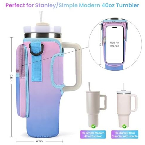 Hasthip Water Bottle Carrier Bag For Stanley 40/30 Oz Tumbler With Phone Pocket Water Bottle Holder With Strap Neoprene Water Bottle Pouch For Stanley Cup Accessories (Gradient Purple)