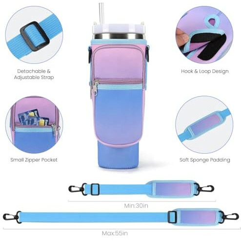 Hasthip Water Bottle Carrier Bag For Stanley 40/30 Oz Tumbler With Phone Pocket Water Bottle Holder With Strap Neoprene Water Bottle Pouch For Stanley Cup Accessories (Gradient Purple)