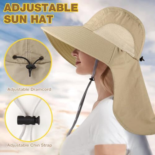 Gustave Polyester Sun Hat Fashion Wide Brim Hat Upf 50+ Sun Cap Neck Flap Design & Adjustable Windproof Chin Strap Sun Hat Unisex Sun Hat Yellow