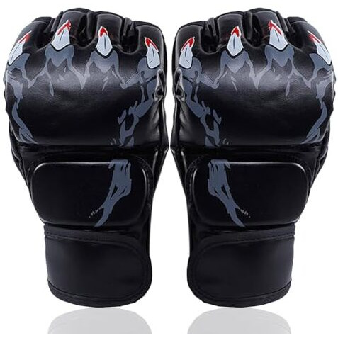 Proberos Boxing Gloves Black Print Mma Gloves With Adjustable Wristband, Breathable Fingerless Mma Gloves For Boxing, Muay Thai And Sparring Sessions, Punching Gloves (23*12Cm)