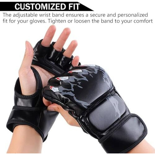 Proberos Boxing Gloves Black Print Mma Gloves With Adjustable Wristband, Breathable Fingerless Mma Gloves For Boxing, Muay Thai And Sparring Sessions, Punching Gloves (23*12Cm)