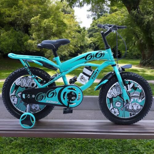 Tony Raw Bicycles Sports Gigi 16T Bmx Single Speed Bicycle Cycle For Kids 5 Years To 8 Years Boys & Girls Double Back Seat With Training Side Wheels Water Sipper (Seagreen Black)