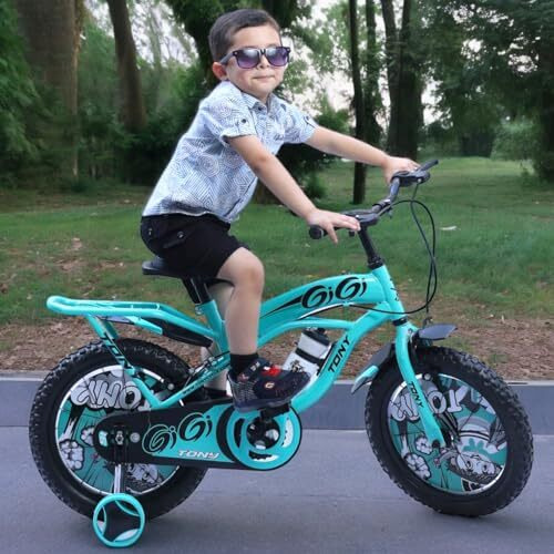 Tony Raw Bicycles Sports Gigi 16T Bmx Single Speed Bicycle Cycle For Kids 5 Years To 8 Years Boys & Girls Double Back Seat With Training Side Wheels Water Sipper (Seagreen Black)