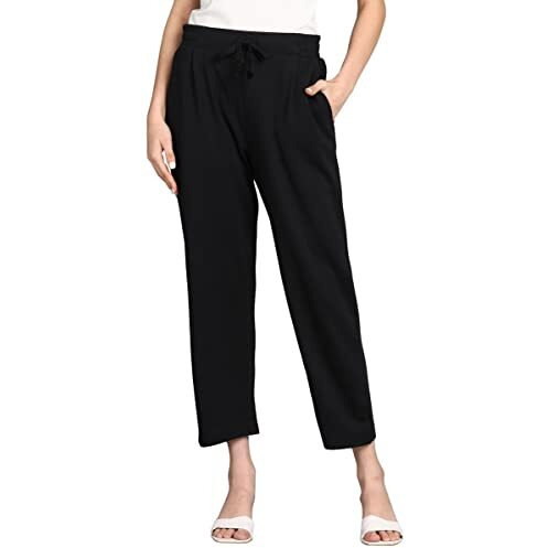 Alan Jones Clothing Women's Relax Fit High Rise Ankle Length Trouser Joggers (Black_Xl)