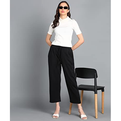 Alan Jones Clothing Women's Relax Fit High Rise Ankle Length Trouser Joggers (Black_Xl)