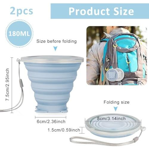 Hasthip 2 Pack Collapsible Cup For Travel Accessories Small Silicone Foldable Glass Cup With Lids Camping Accessories For Outdoor Reusable Expandable Drinking Cup For Travel Outdoor Camping