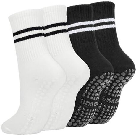 Proberos 2 Pair Yoga Socks For Women, Cotton Anti Skid Pilates Crew Socks With Silicone Grip For Yoga/Pilates/Dance/Ballet, Anti Odor Breathable Socks For Workout/Home, Black & White