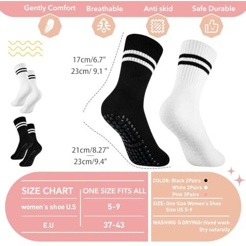 Proberos 2 Pair Yoga Socks For Women, Cotton Anti Skid Pilates Crew Socks With Silicone Grip For Yoga/Pilates/Dance/Ballet, Anti Odor Breathable Socks For Workout/Home, Black & White