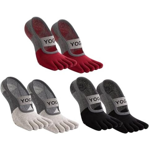 Proberos 3 Pairs Yoga Socks For Women, Breathable Cotton 5-Toe Socks For Women, Anti Skid Women Socks, Elastic Strap Design For Pilates, Dance, Barre, Home Workout & Barefoot Fitness