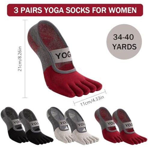 Proberos 3 Pairs Yoga Socks For Women, Breathable Cotton 5-Toe Socks For Women, Anti Skid Women Socks, Elastic Strap Design For Pilates, Dance, Barre, Home Workout & Barefoot Fitness