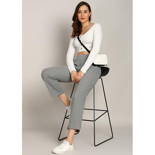 Alan Jones Clothing Women's Solid High Rise Stretch Waffle Straight Pants (Melange_Large)