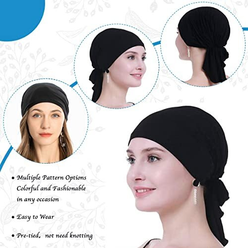 Palay Head Scarf For Women Cotton Elastic Chemo Caps Headwear Turban Beanie, Pre-Tied Slip On Cancer Cap Headwrap Headscarf - Black