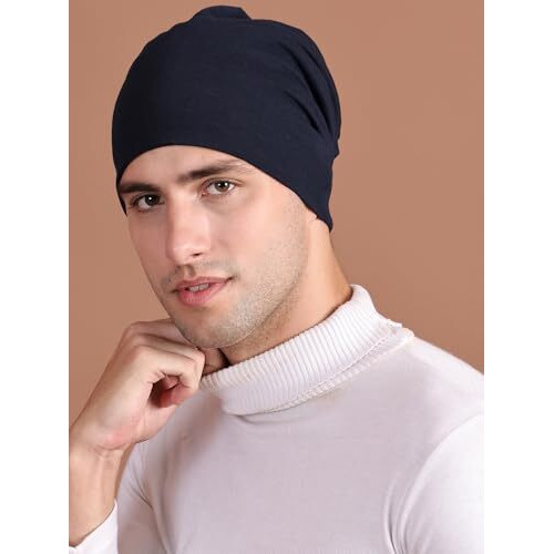 Mack Jonney Navy Blue Cotton Blended Free Size Beanie Cap For Men-Cap_Navy_01