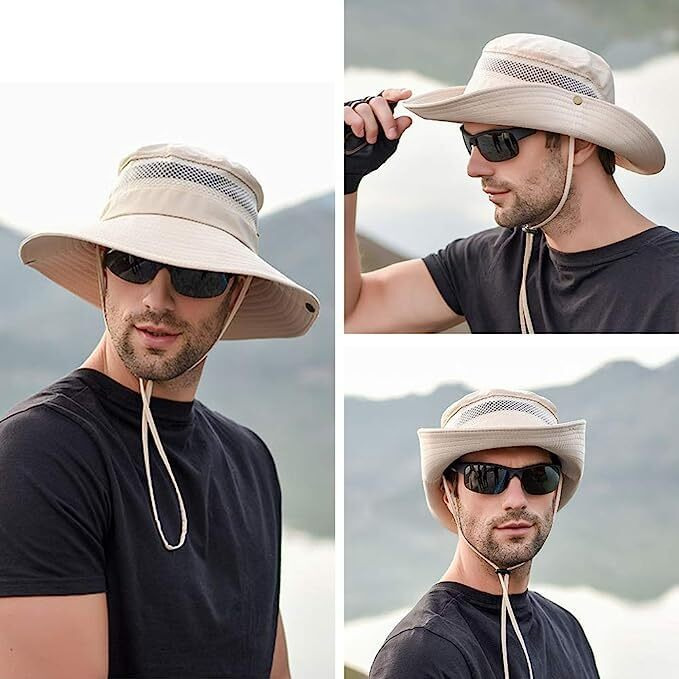 Alexvyan Polyester Black Round Crown Hat Sun Visor Hats For Men Wide Brim Summer Cap For Boys Uv Protection Breathable Casual Beach Hat, Safari Hat Sun Protection Cap For Gents., Large
