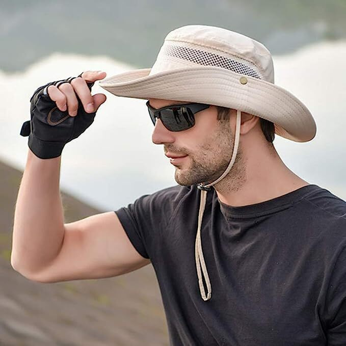 Alexvyan Polyester Black Round Crown Hat Sun Visor Hats For Men Wide Brim Summer Cap For Boys Uv Protection Breathable Casual Beach Hat, Safari Hat Sun Protection Cap For Gents., Large