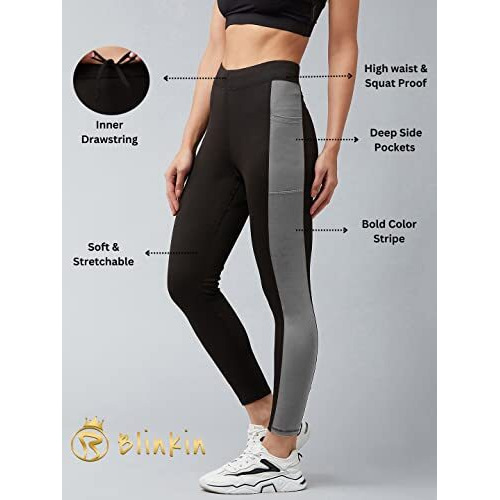 Blinkin Women's High Rise Gym Wear Skinny Fit Tights | Track Pants For Women With Side Pockets  Ideal For Yoga & Workout - The Ultimate Gym Pants For Women & Girls_3660 (Color_Black|Grey,Size_Xl)