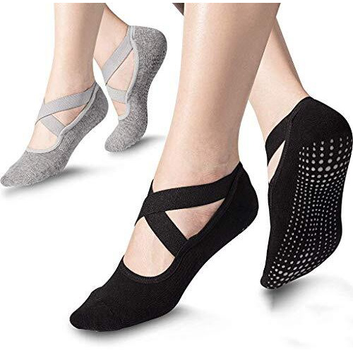 Proberos Women Cotton Yoga Ankle Length Socks Sport Fitness Half Toe Ankle Grip Gym No-Slip Socks For Pilates, Barre, Ballet, Barefoot Workout (2 Pairs-Black,Gray)